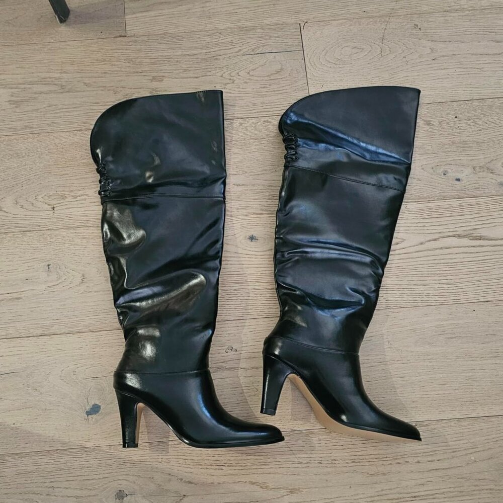 🆕Womens Black Synthetic Thigh High Pointed Toe Chunky Heel Over the Knee Boots